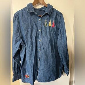 Holiday Editions Blue Denim Shirt with Embroidered Trees SzXL Winter Vintage